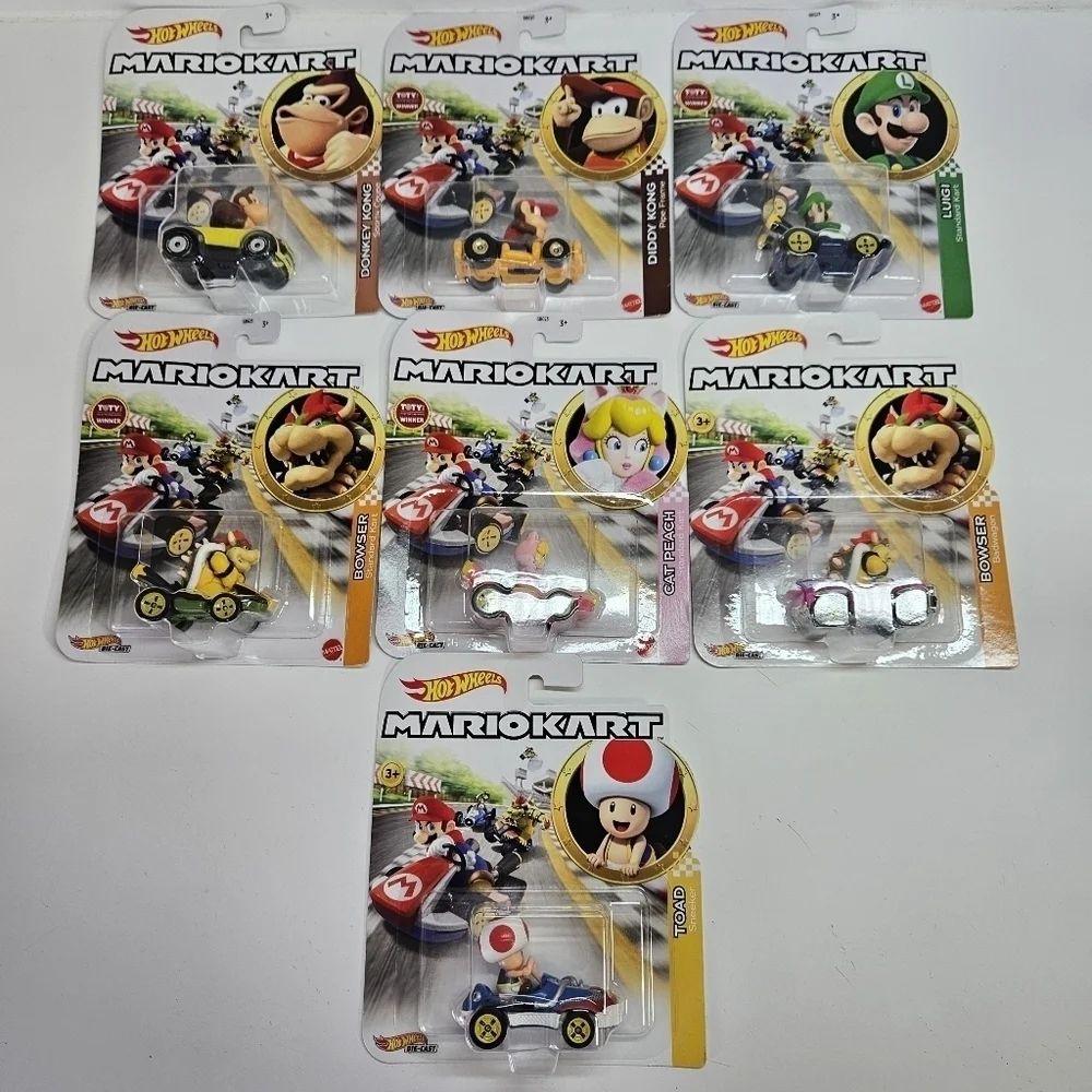 NEW Hot Wheels Mario Kart Lot 7 Toad Peach Donkey Kong Bowser Luigi Diddy Kong